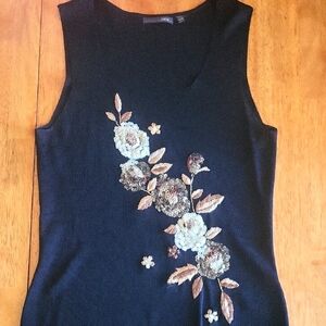 JANA Floral Embroidered Black Sleeveless Top